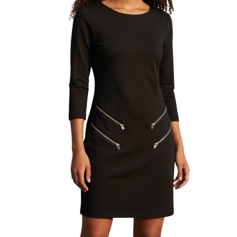 EXPRESS  Little Black Silver Slanted Zipper 3/4" Sleeve Body Con Dress EUC‎ XS